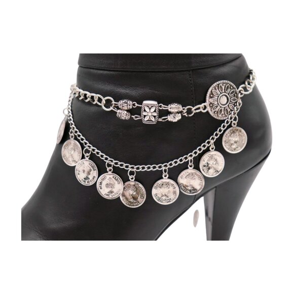 Women Silver Metal Boot Chain Bracelet Shoe Anklet Coin Wave Flower Charm SET - Picture 3 of 17